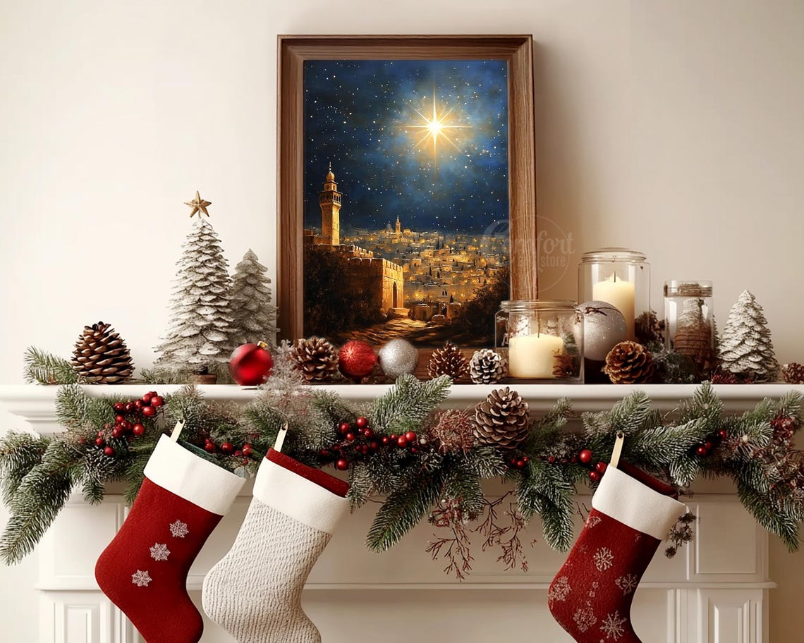 Antique Vintage Star Of Bethlehem Print Christian Nativity Scene Christmas Star Wall Art Christian Christian Print Oil Painting - Image 5