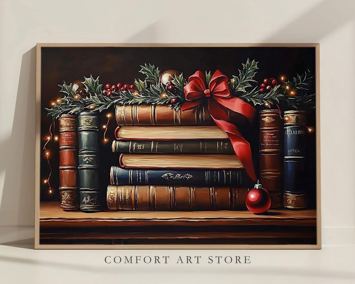 Antique Bookshelf with Christmas Holly Garland Red Bow Poster - Image 6