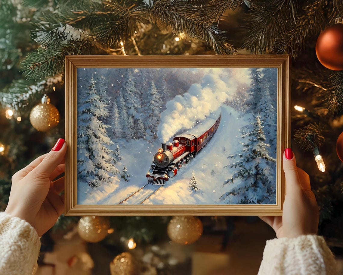Red Steam Train Traveling Through a Snowy Winter Forest Poster - Image 6