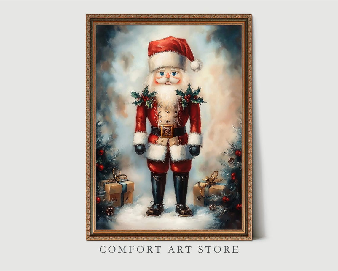 Nutcracker Soldier Wearing Santa Hat with Holly Sprigs Wall Art - Image 2