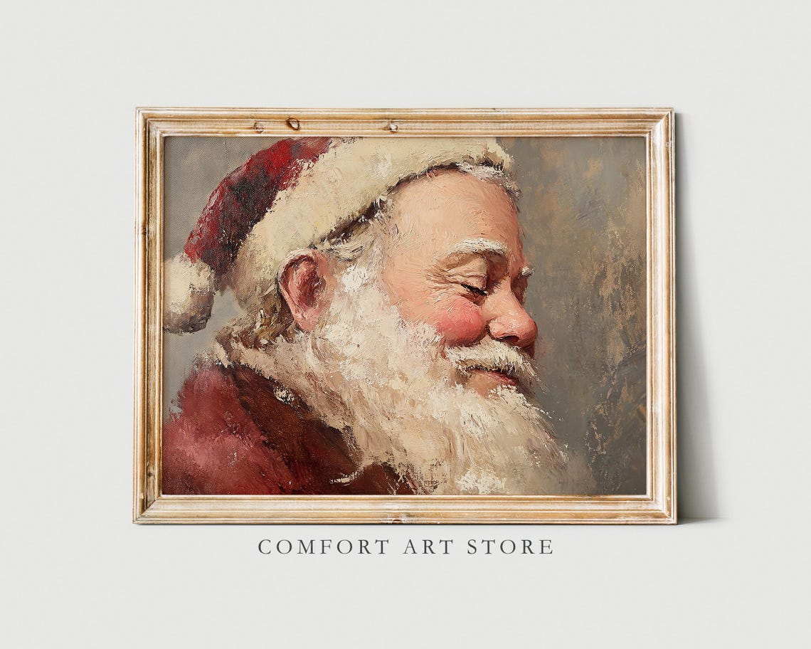 Antique Vintage Santa Claus Portrait Print Smiling Santa Claus Close Up Portrait Wall Art Christmas Scene Painting Neutral Print