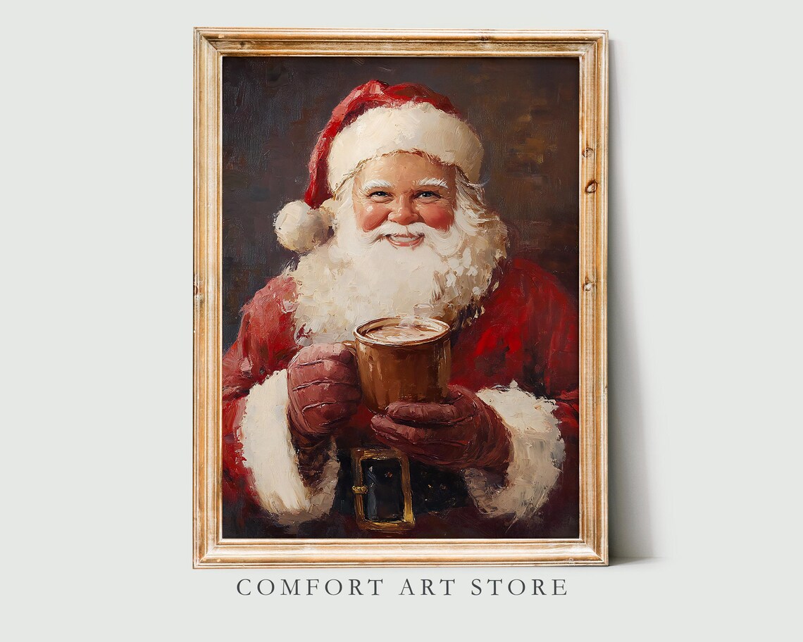 Santa Claus Holding Hot Cocoa Vintage Oil Painting Cozy Holiday Poster