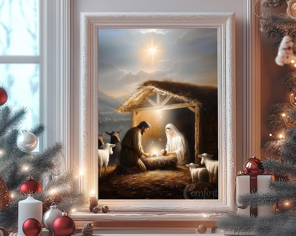 Peaceful Holy Family Nativity in Stable with Animals Star Poster - Image 4