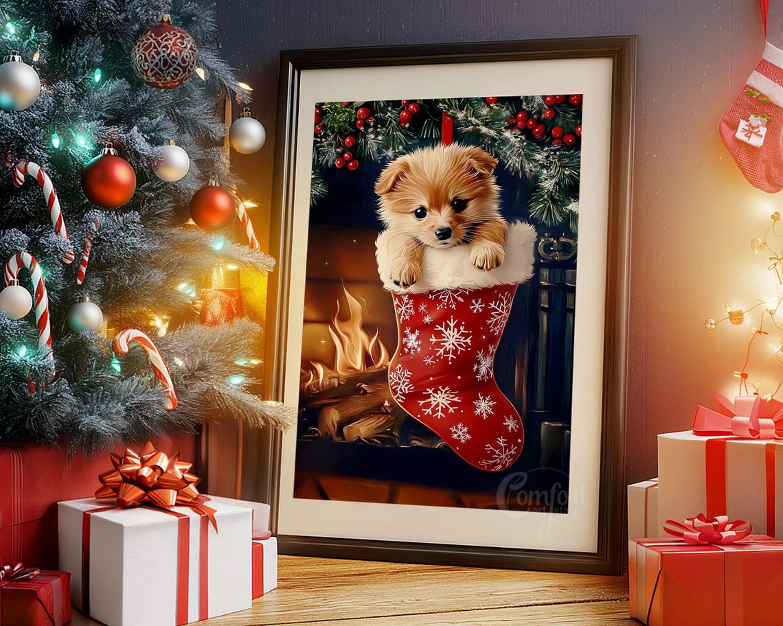 Adorable Puppy Peeking from Christmas Stocking by Fireplace Poster - Image 6