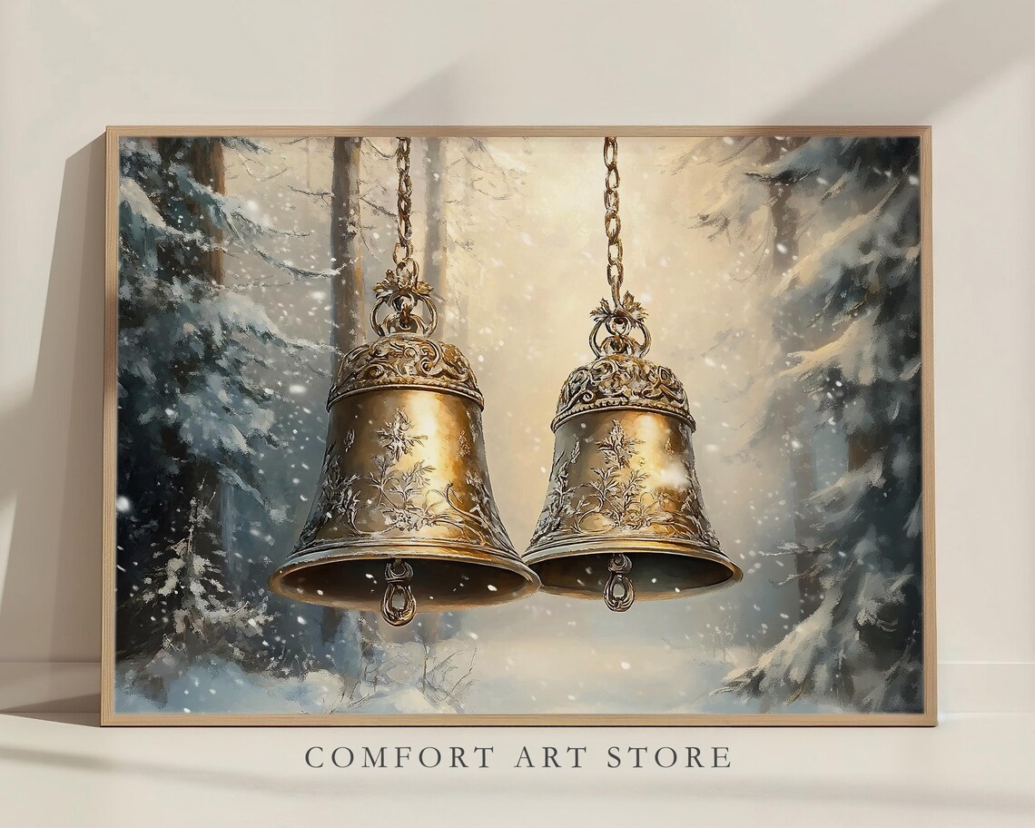 Ornate Brass Jingle Bells Hanging in a Snowy Winter Forest Poster - Image 4