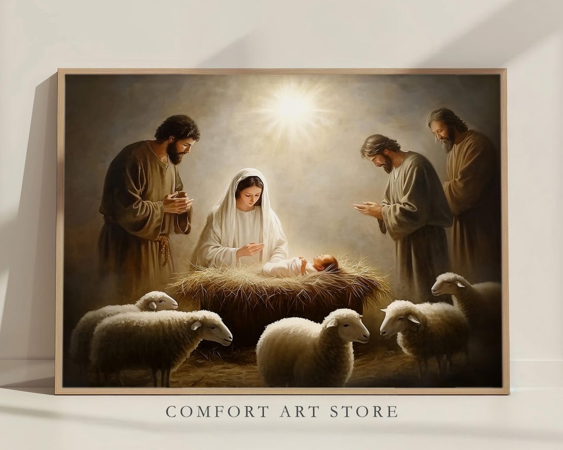 Holy Family Nativity Scene with Shepherds and Sheep Art Poster - Image 8