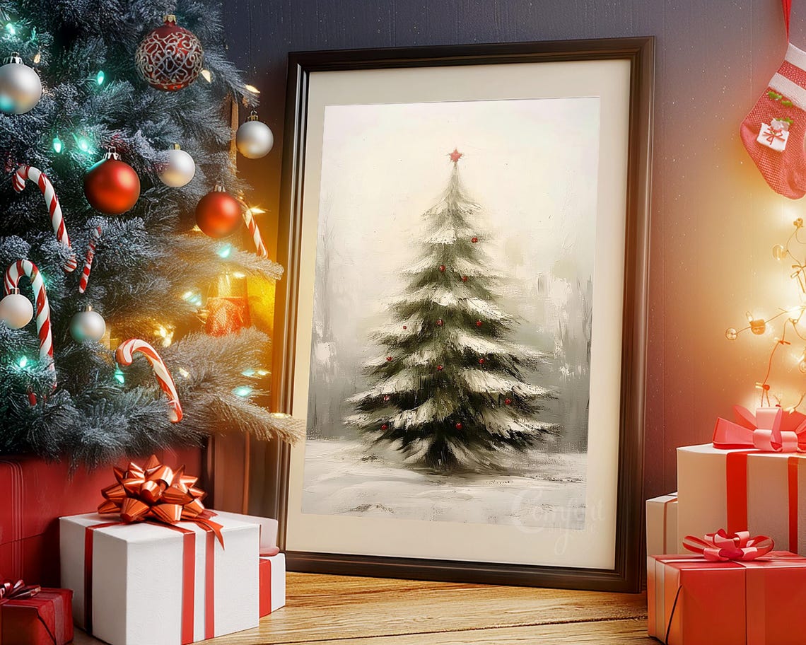 Snow Covered Christmas Tree with Red Berries in Winter Mist Poster - Image 3