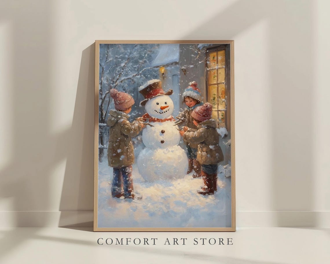 Vintage Christmas Wall Art Snowman Print Children Making Snowman Winter Holiday Decor Christmas Winter Oil Painting Antique Snowman Print - Image 7