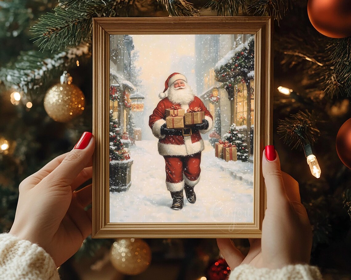 Santa Claus with Armful of Gifts in Snowy Village Street Wall Art - Image 6