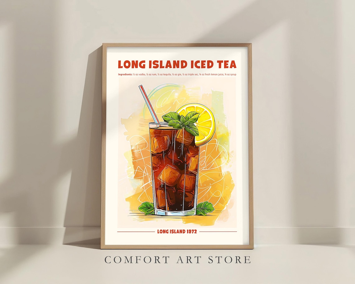 Long Island Iced Tea Cocktail Recipe Retro Poster Bar Cart Wall Art