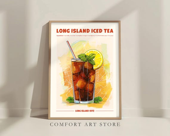 Long Island Iced Tea Cocktail Print Classic Alcohol Cocktail Retro Cocktail Exhibition Drink Poster Home Bar Cart Decor Recipe