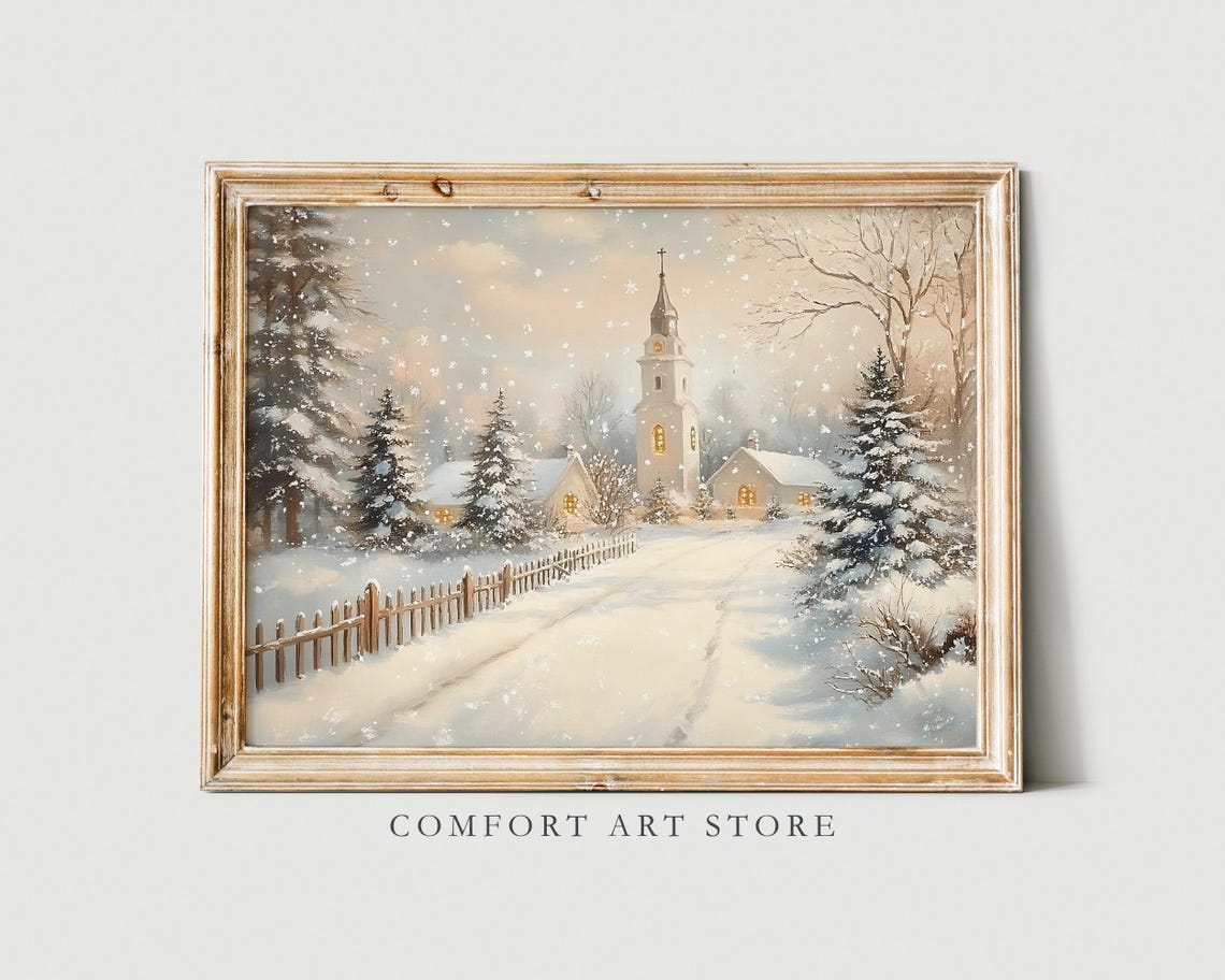 Antique Vintage Winter Print Snowy Village Wall Art Winter Scene Holiday Cottagecore Neutral Art Winter Landscape Church Painting