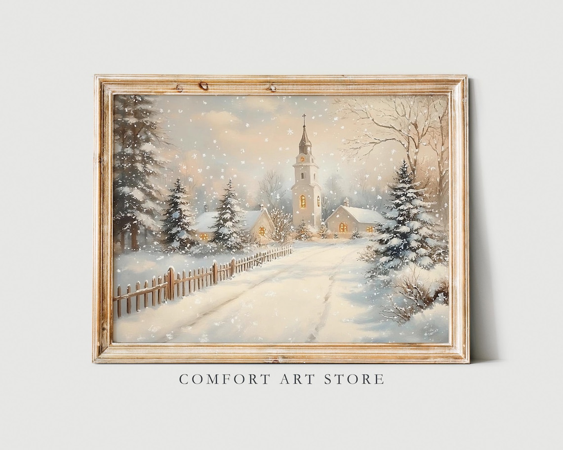 Country Church in Falling Snow Winter Landscape Painting Poster