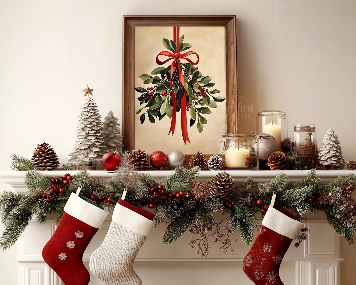 Christmas Mistletoe Sprig with Long Red Ribbon Holiday Print - Image 6