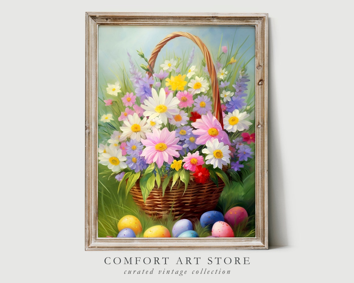 Wildflower Basket with Painted Easter Eggs in Meadow Wall Art