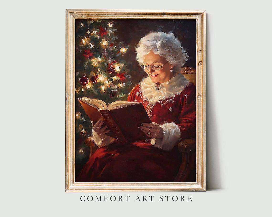 Mrs Claus Reading a Book by a Warmly Lit Christmas Tree Wall Art
