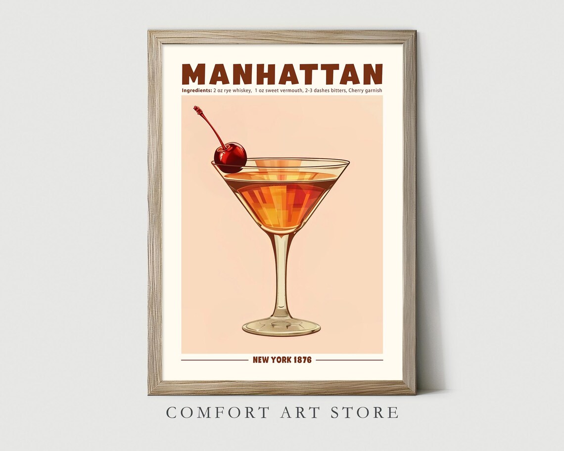 Classic Manhattan Cocktail With Cherry in a Coupe Glass Vintage Poster - Image 3