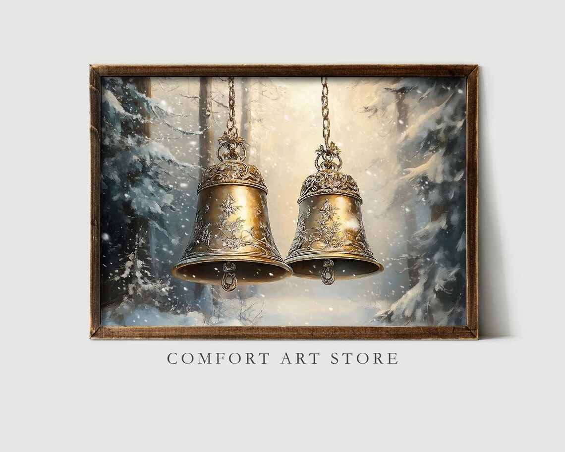 Ornate Brass Jingle Bells Hanging in a Snowy Winter Forest Poster - Image 6