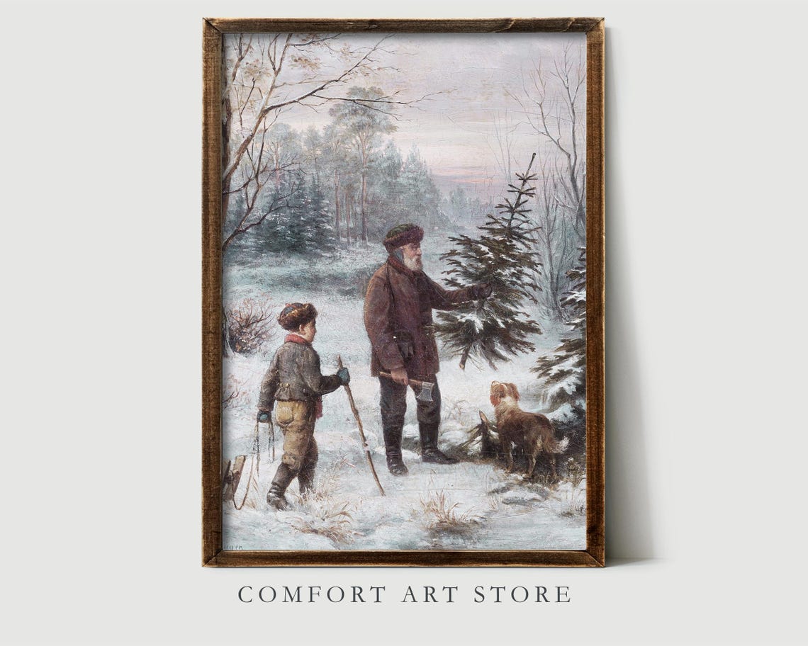 Vintage Painting of Father and Son Cutting Christmas Tree Wall Art - Image 2
