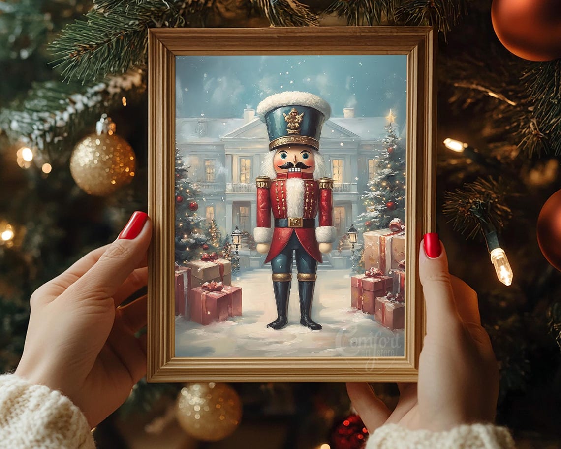 Toy Nutcracker in Front of Snow Covered Manor Christmas Art Poster - Image 7