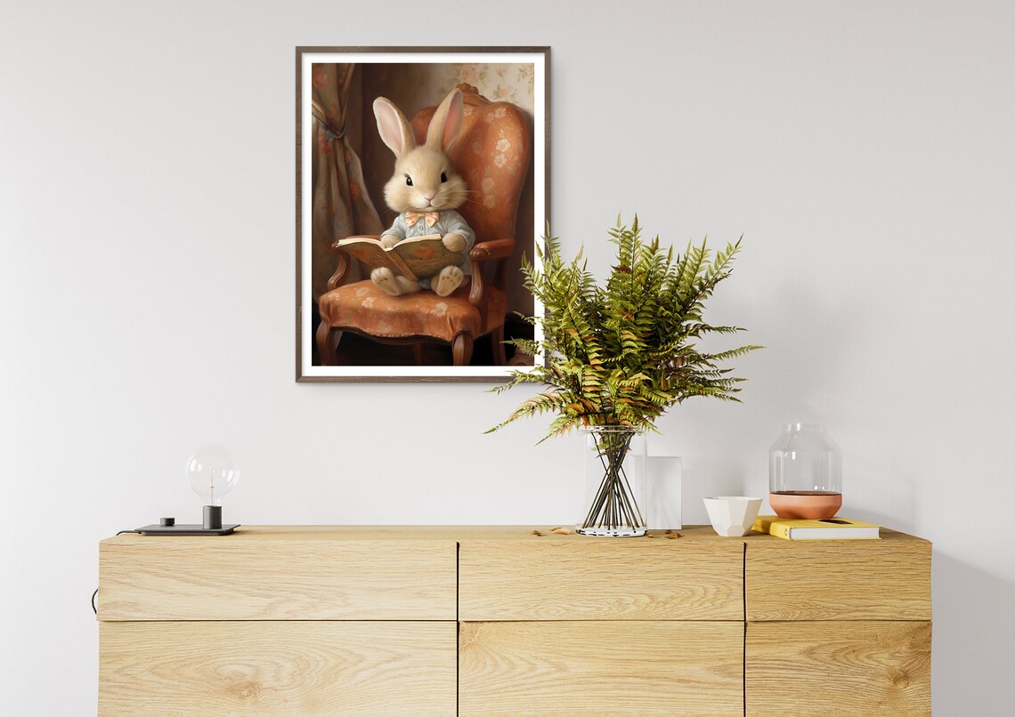 Adorable Bunny Rabbit Reading Book in Vintage Armchair Poster - Image 7