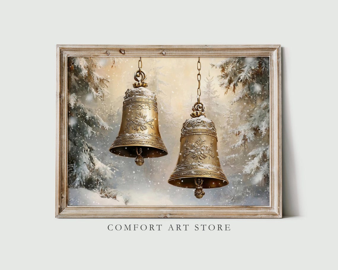 Engraved Brass Christmas Bells in a Snowy Forest Winter Poster