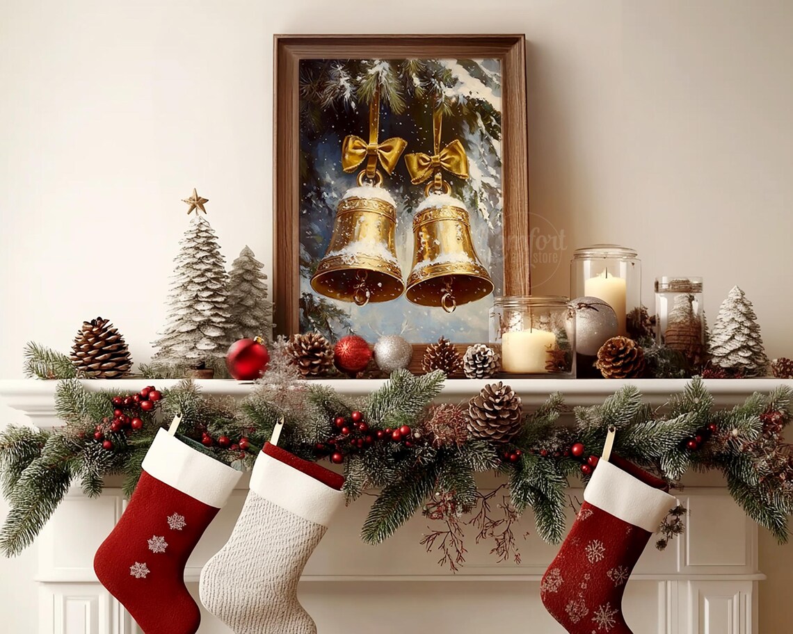 Golden Christmas Bells With Bows Hanging in the Snow Vintage Poster - Image 6