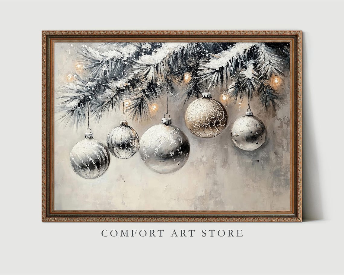 Shimmering Silver Mercury Glass Ornaments Snowy Pine Branch Poster - Image 3