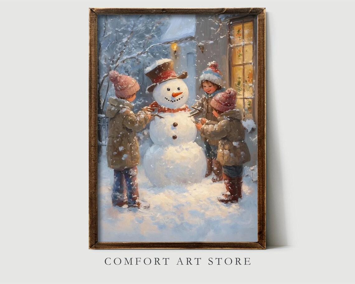 Children Building Snowman Outside Cozy Winter House Art Poster - Image 2