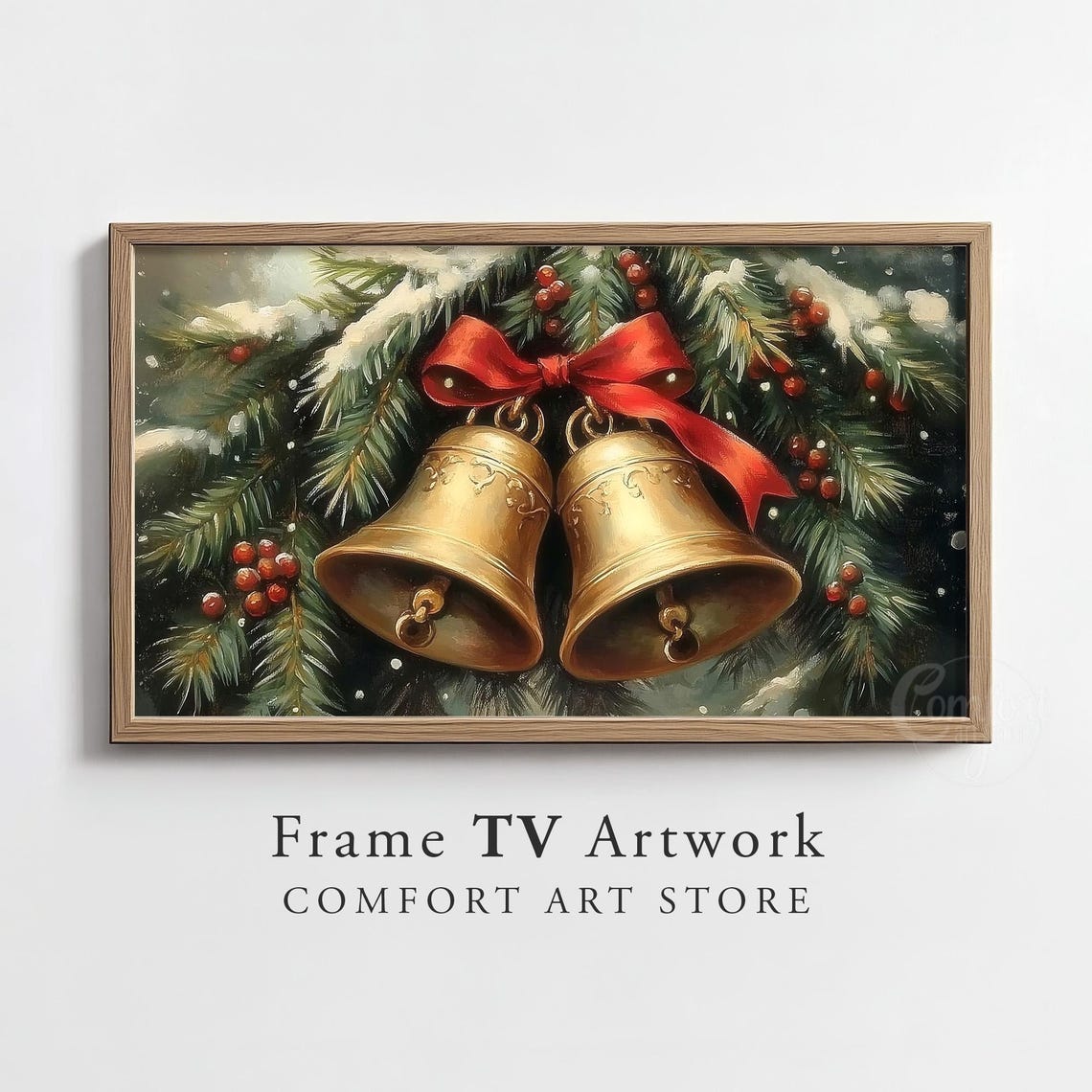 Golden Jingle Bells Tied With A Red Ribbon On Snowy Pine Boughs Print
