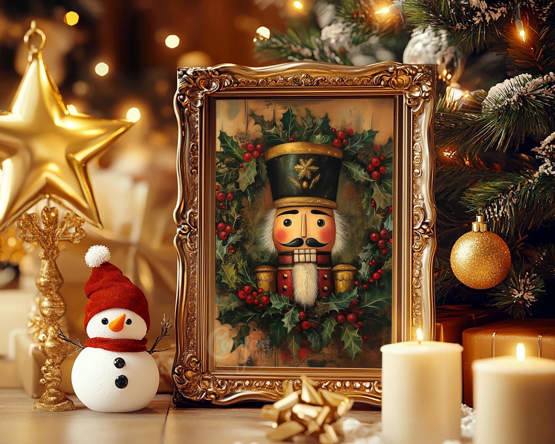 Nutcracker Portrait Surrounded by Holly and Red Berries Wall Art - Image 5