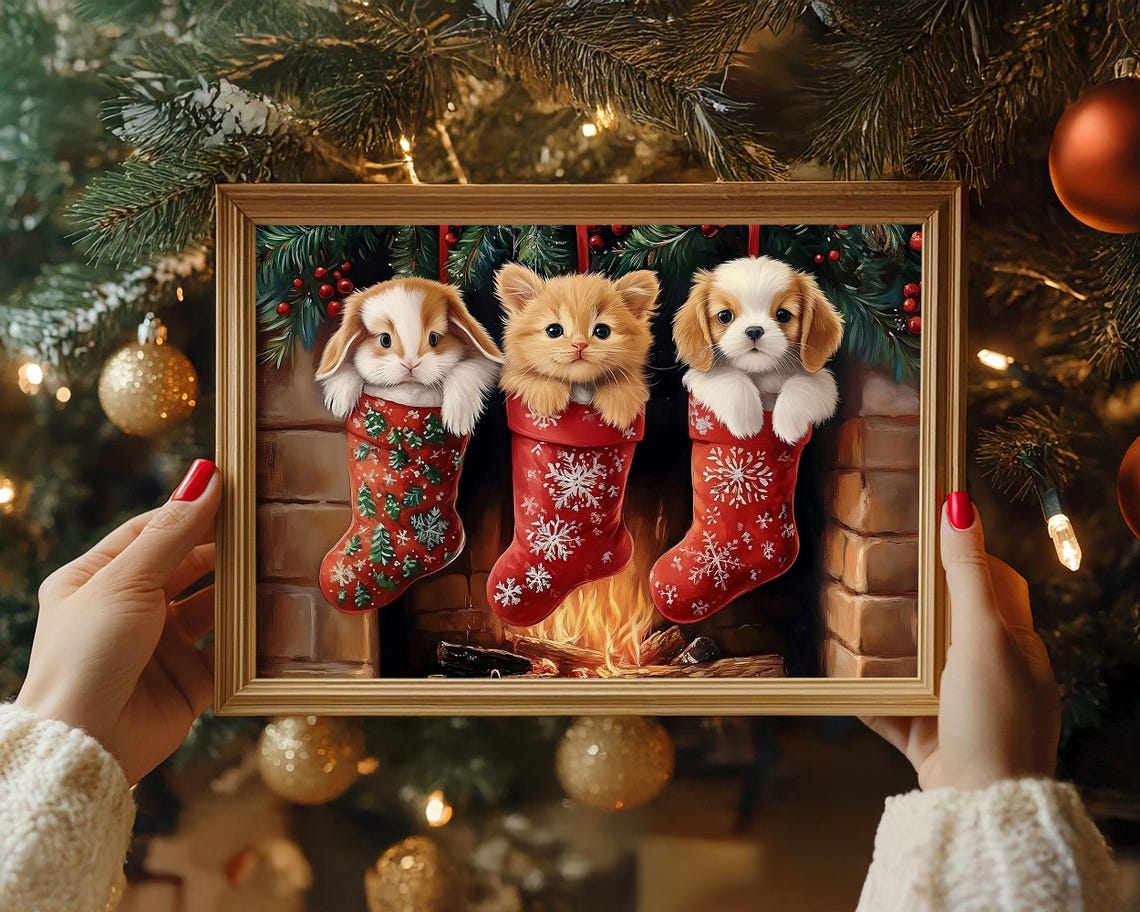 Bunny Kitten and Puppy Peeking from Christmas Stockings Art Poster - Image 4