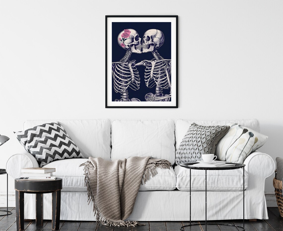 Skeleton Couple Kissing Pink Roses Gothic Navy Blue Wall Art - Image 2
