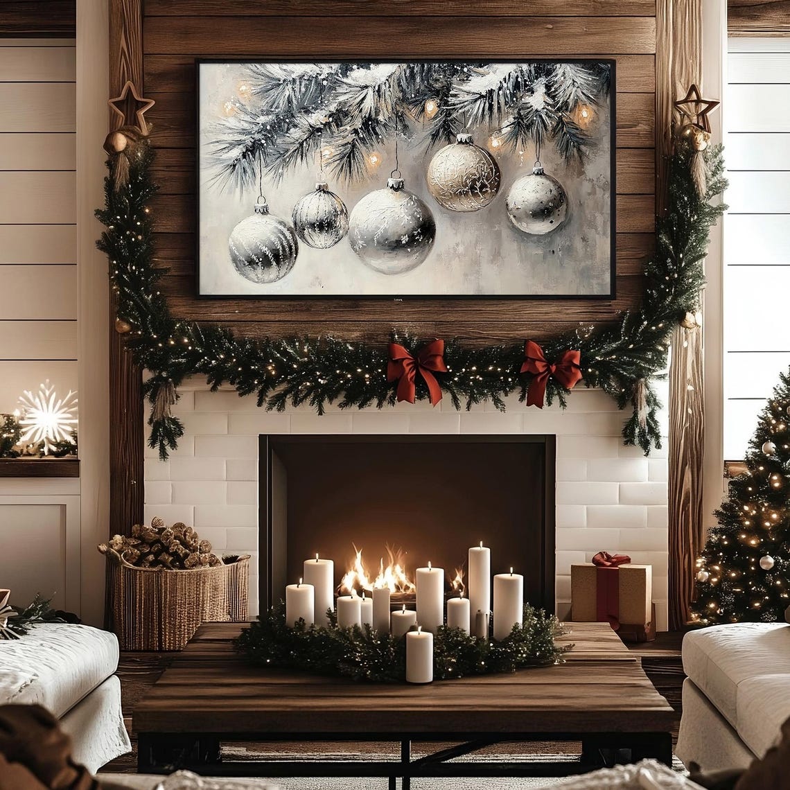 Silver Christmas Baubles on Frosty Pine Branches Neutral Poster - Image 7