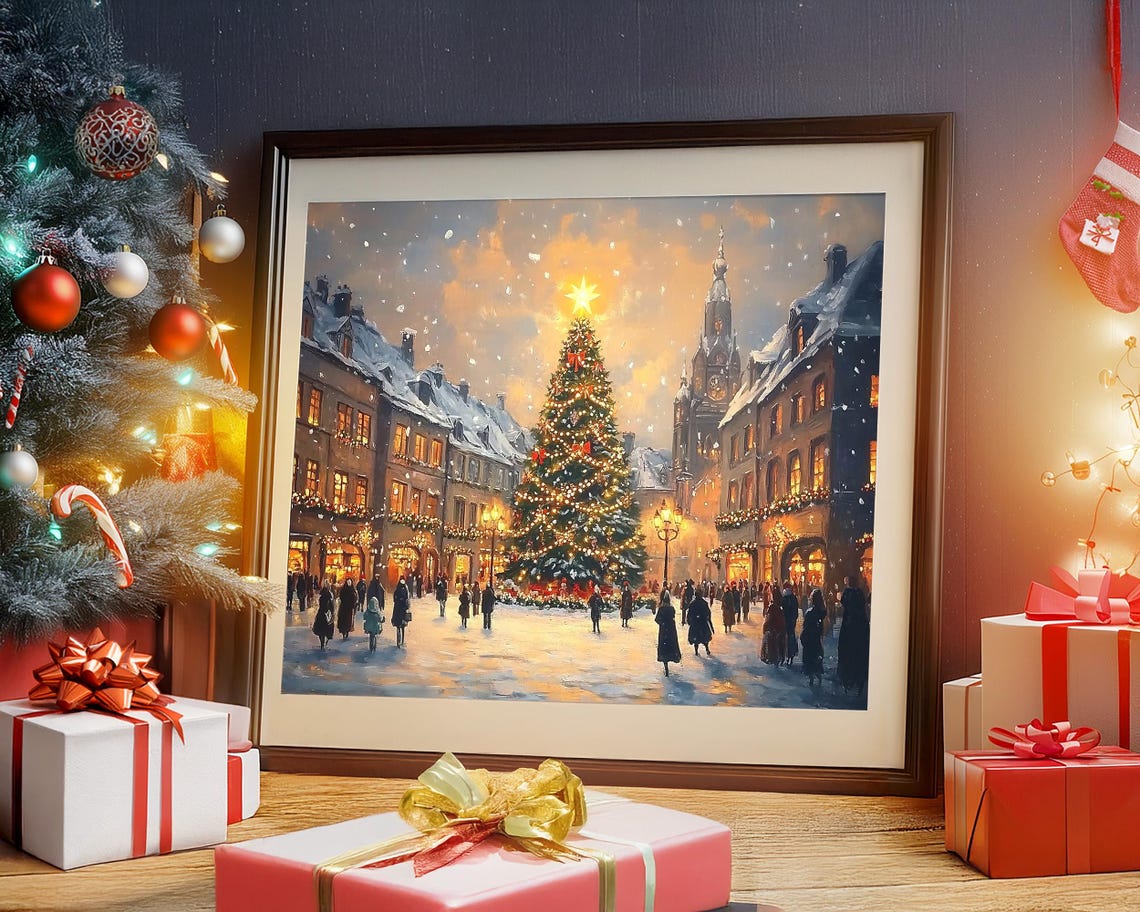 Vintage Christmas Town Print Christmas Wall Art Winter Holiday Antique Christmas Cityscape Painting Christmas Tree Wall Art Christmas Decor - Image 5