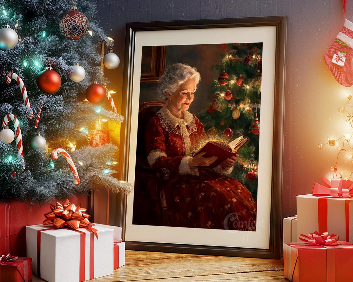 Cozy Christmas Grandmother Reading Glowing Storybook Art Poster - Image 6