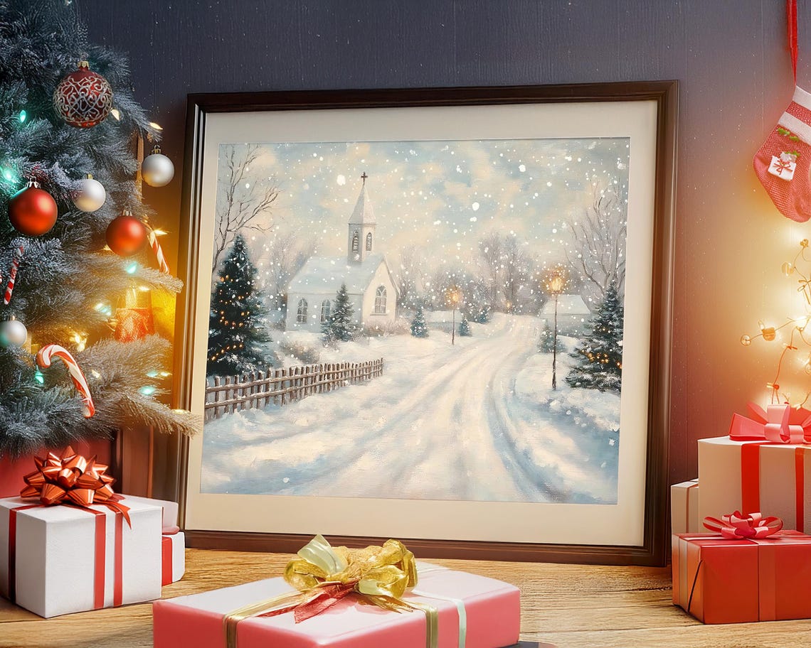 Snowy Village Wall Art Antique Vintage Winter Print Winter Scene Holiday Neutral Landscape Winter Seasonal Decor Church Painting - Image 2