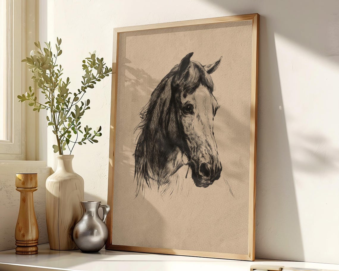 Vintage Horse Head Sketch Rustic Equestrian Charcoal Wall Art Poster - Image 3