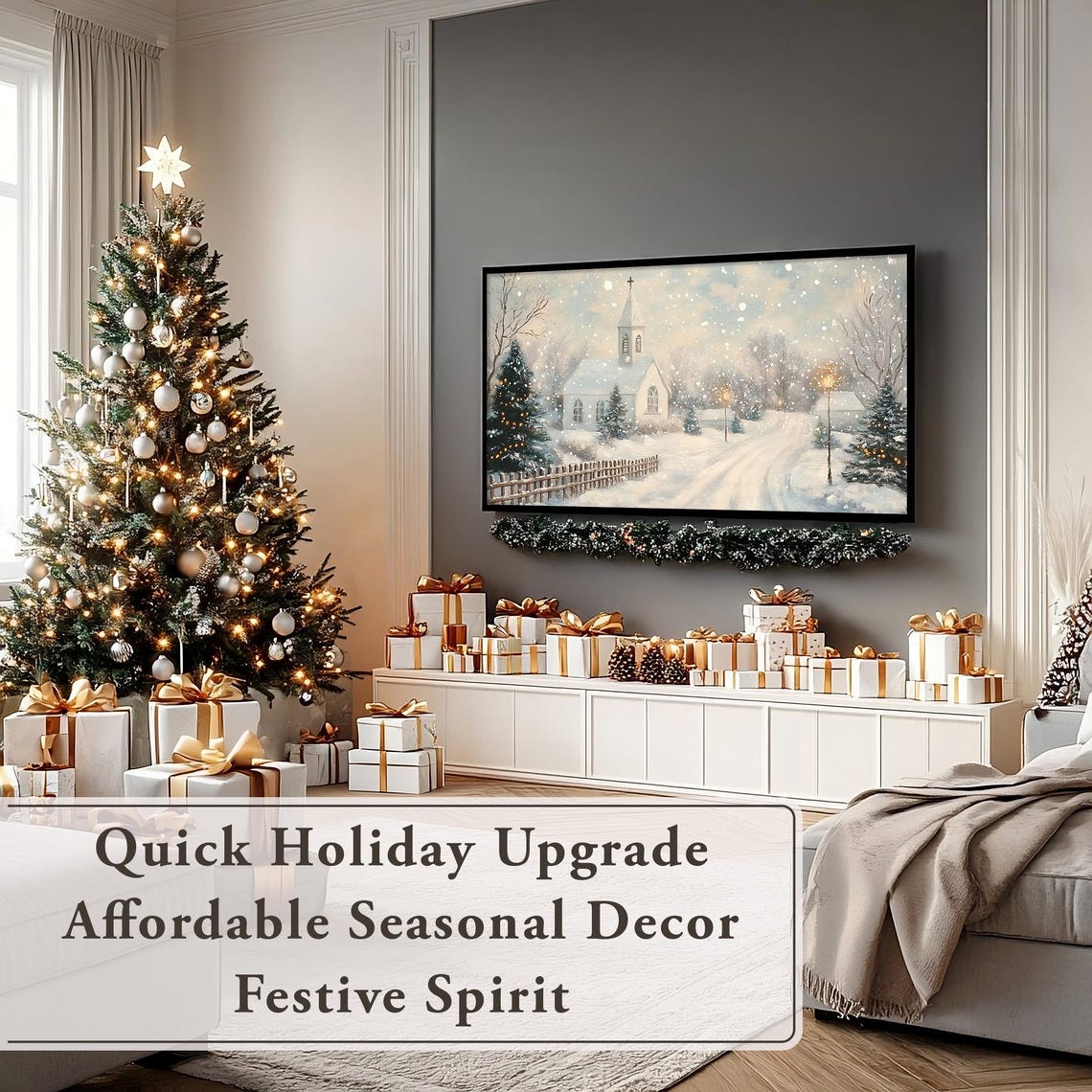 Frame Tv Art Snowy Village Vintage Christmas Antique Winter Scene Neutral Landscape Winter Seasonal Decor Church Painting Frame Art - Image 6