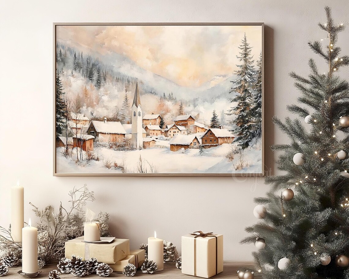 Snowy Alpine Village with Church Misty Mountain Winter Poster - Image 7