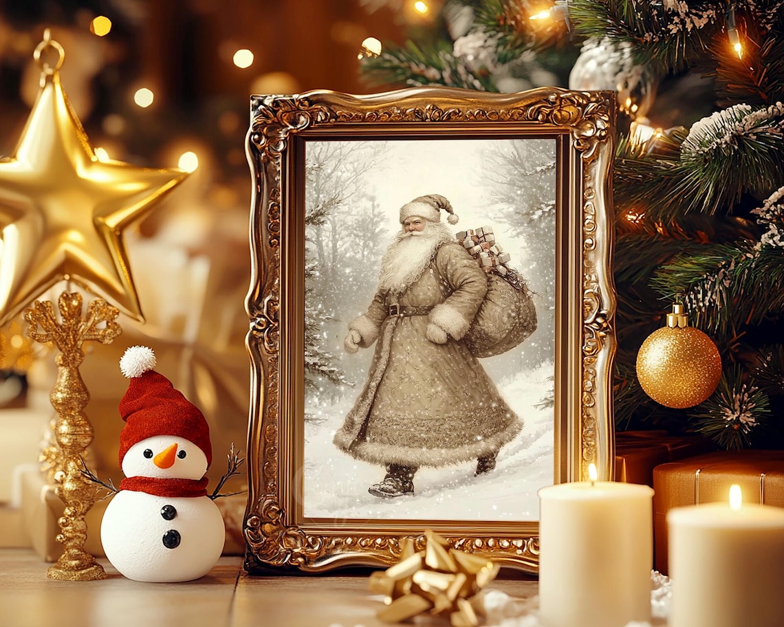 Santa Claus Walking Snowy Forest Gifts Sack Vintage Sepia Oil Poster - Image 6