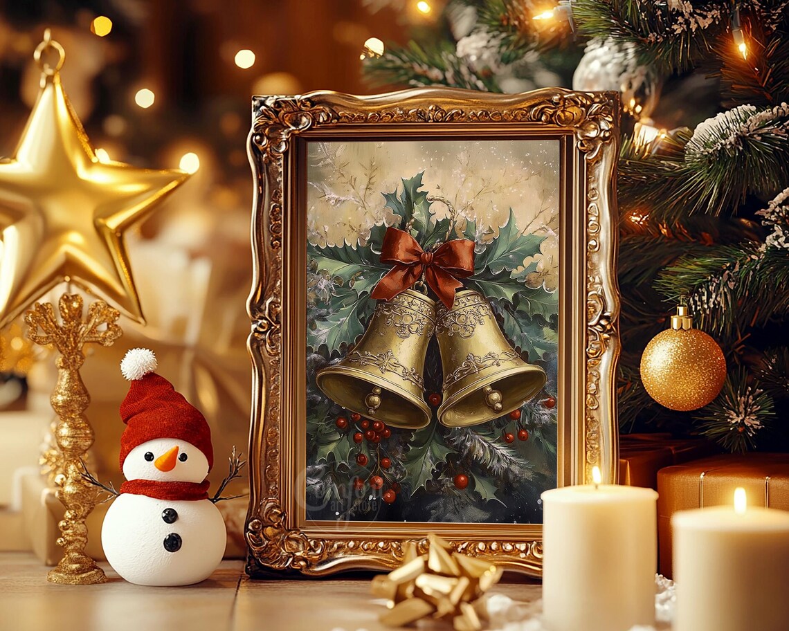 Ornate Brass Christmas Bells with Holly and Red Bow Wall Art - Image 5