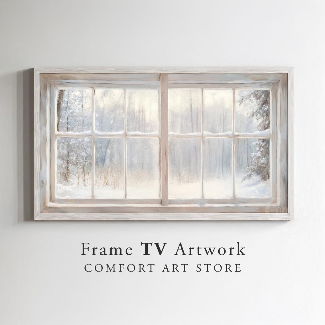 Snowy Winter Forest View Through Rustic Wooden Window Frame Wall Art - Image 2