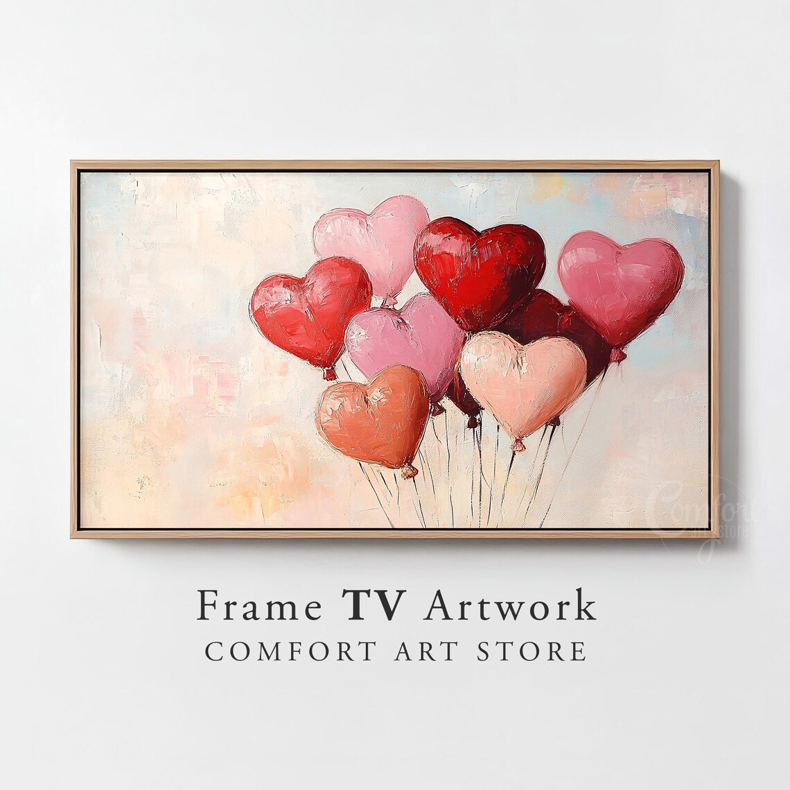 Valentines Heart Balloons Red Pink Impasto Painting Frame TV Wall Art