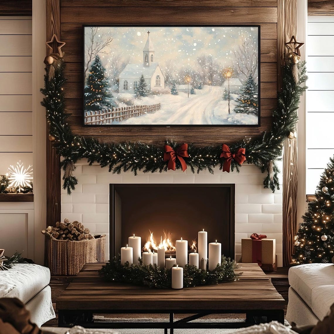 Frame Tv Art Snowy Village Vintage Christmas Antique Winter Scene Neutral Landscape Winter Seasonal Decor Church Painting Frame Art - Image 5