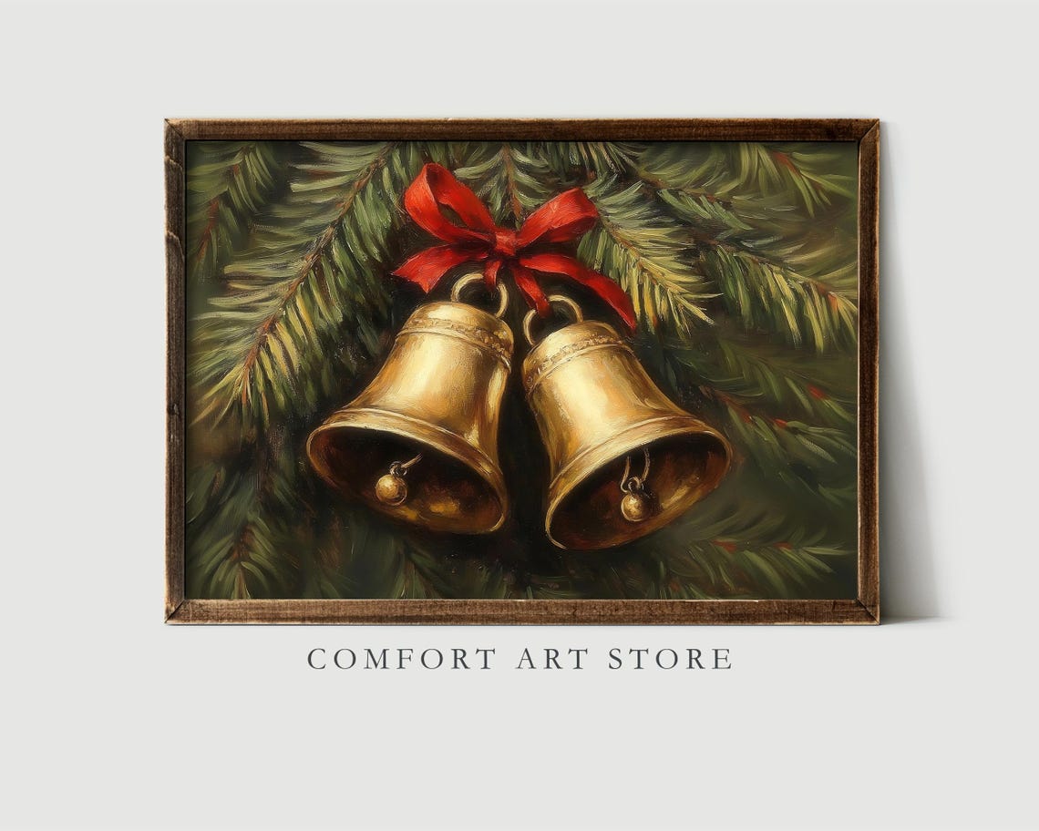 Vintage Christmas Wall Art Christmas Jingle Bells Print Winter Holiday Decor Antique Christmas Golden Bells Neutral Oil Painting Winter Pine - Image 2