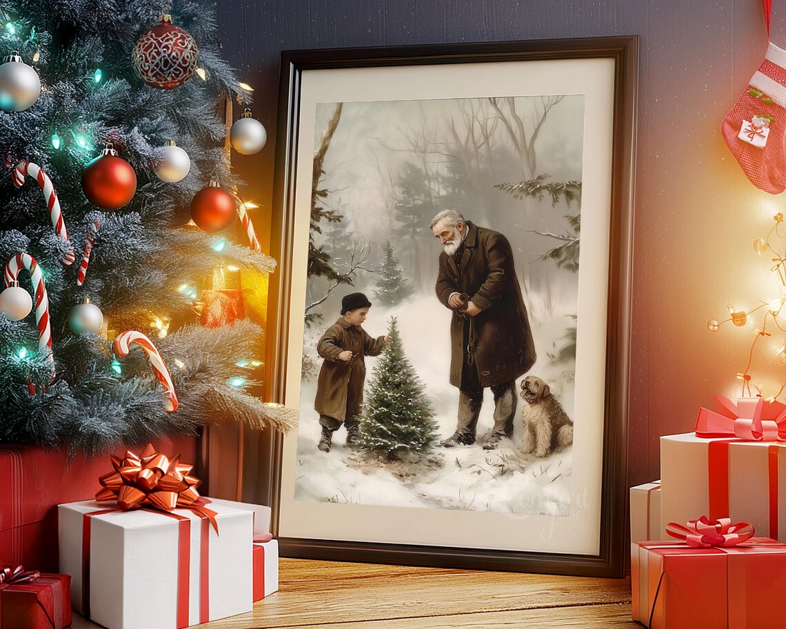 Vintage Grandfather and Boy Choosing Christmas Tree in Snow Poster - Image 5
