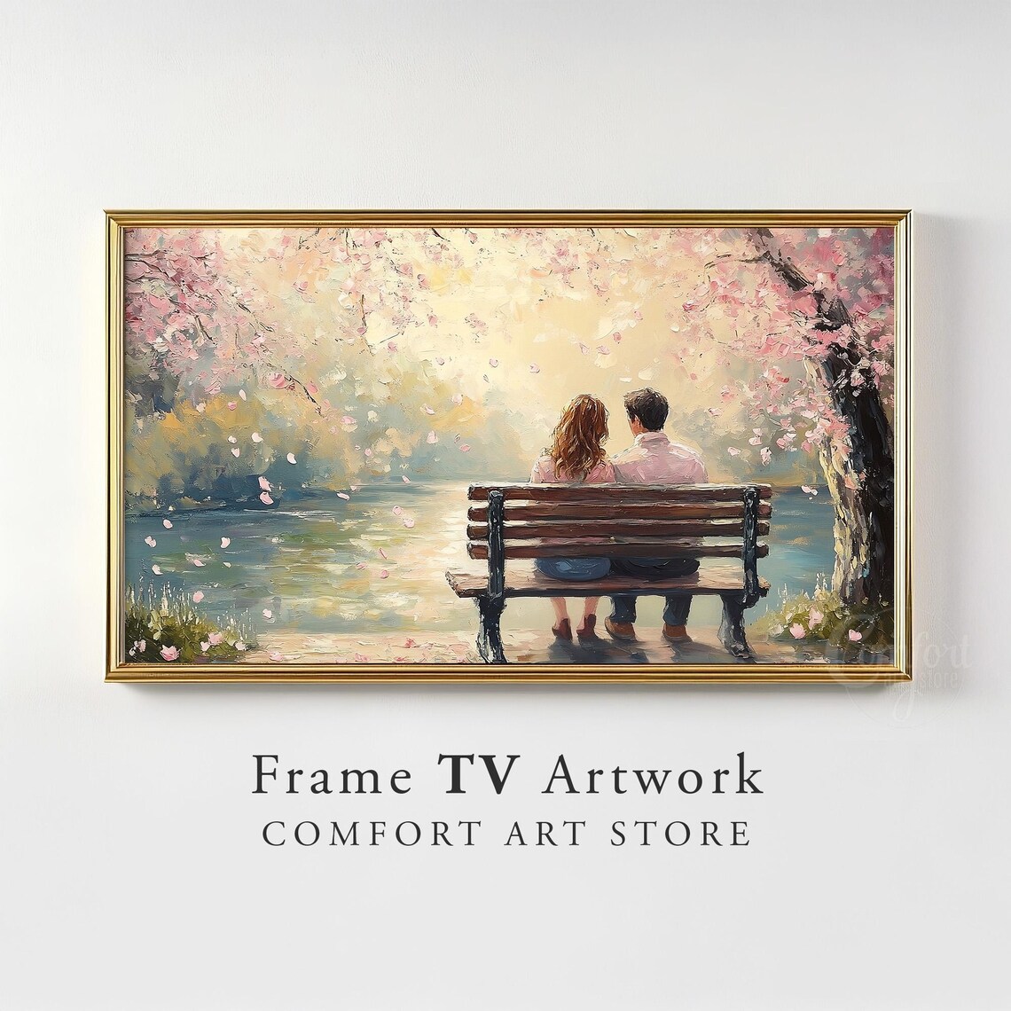 Couple Bench Cherry Blossom River Romantic Painting Decor Poster - Image 3