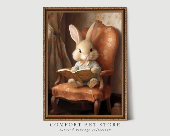 Cute Easter Bunny Spring Print Easter Bunny Reading Book Easter Rabbit Easter Vintage Decor Cottagecore Easter Farmhouse Wall Art