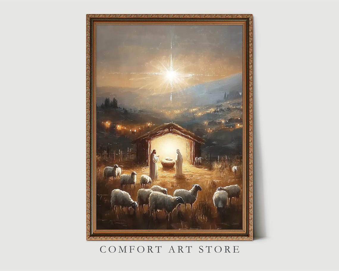 Nativity Stable Under the Star of Bethlehem Night Scene Poster - Image 3